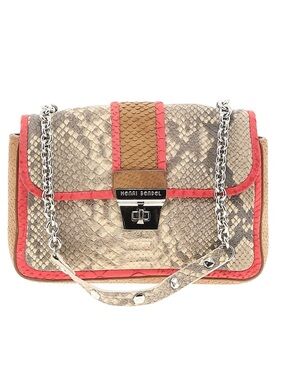 henri bendel Tan and Coral snakeskin flap bag with coral trim